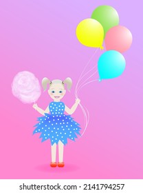 Cute smiling blonde girl kid with blue eyes holds cotton candy and colorful balloons. International Day of the Girl Child. Greeting card in cartoon style