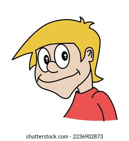 Cute smiling blonde hair boy character looking at front. Cartoon style vector illustration isolated on white background.