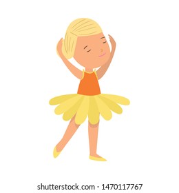 Cute smiling blonde hair girl in ballet yellow clothes