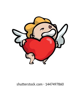 Cute smiling blonde kid angel with big red heart