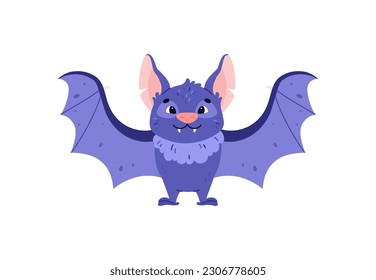 Cute smiling blue bat flat style, vector illustration isolated on white background. Flying animal character, decorative design element, big ears and fangs