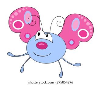 Cute smiling blue butterfly isolated on white background