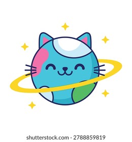A cute smiling blue cat with pink ear and white spot on forehead orbiting a green earth planet with a yellow ring and surrounded by yellow stars