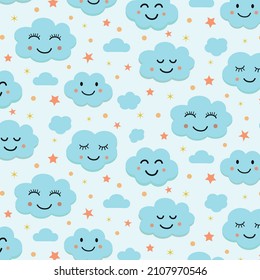 Cute smiling blue clouds seamless pattern with stars . Great for kids cloth , nursery wall  and baby shower 