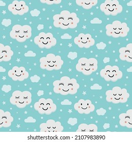 Cute smiling blue clouds seamless pattern with stars . Great for kids cloth , nursery wall and baby shower