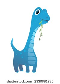 Cute Smiling Blue Dinosaur Friendly Dino Eats Grass, Kids Illustration. Funny tall dino clip art, adorable character design for kids. Vector character colorful clipart cartoon for children.