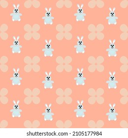 cute smiling blue easter bunny with flower on calming coral color background. seamless pattern flat design vector illustration. use to textile, print and web