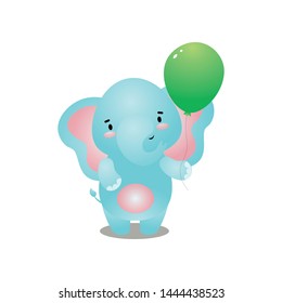 Cute smiling blue elephant is happy with green balloon