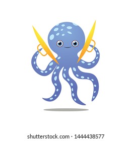 Cute smiling blue octopus play at gold cymbals