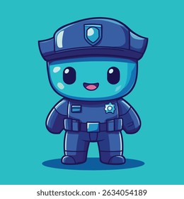 A cute, smiling blue robot, dressed in a police uniform, stands front and center.