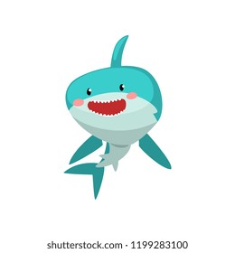 Cute smiling blue shark cartoon character vector Illustration on a white background