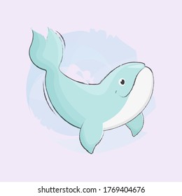 Cute smiling blue whale. Children's illustration in vector. Cartoon style. Decoration of a children's room, stickers, poster, postcard, print on t-shirts