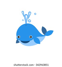cute smiling blue whale and the water fountain flat vector icon on white background