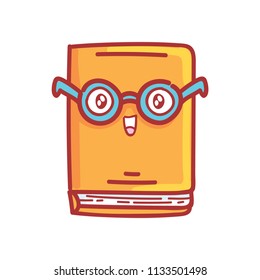 Cute smiling Book character in glasses with eyes. Vector cartoon illustration. Set of pictures in school theme in hand drawn style
