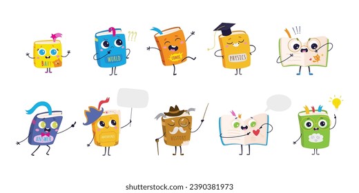 Cute smiling books cartoon characters with light bulb, academy hat, pointer stick. Education concept with kawaii book with different emotions and in action vector elements isolated on white background