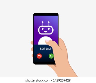 Cute and smiling bot calls the person to the mobile phone, hand holds the phone on the screen interface with accept and reject call button with a flat icon of the robot waiting to answer