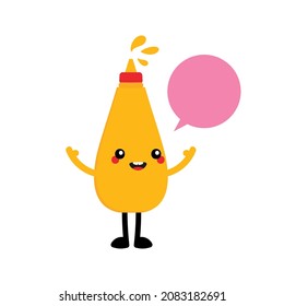 Cute smiling bottle of mustard cartoon style character with speech bubble saying, speaking, talking.
