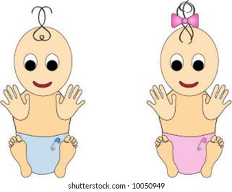 Cute smiling boy (blue diaper) and girl (pink diaper) babies