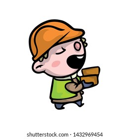 Cute smiling boy in builder clothes with orange helmet
