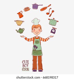 Cute and smiling boy in chef uniform on white background. Little child cook with kitchen utensils set
