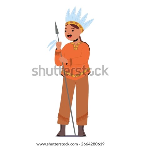 Cute smiling boy child cartoon character wearing thanksgiving Indian costume nd feathered headdress holding spear tribal weapon standing isolated on white. Autumn festival kid vector illustration