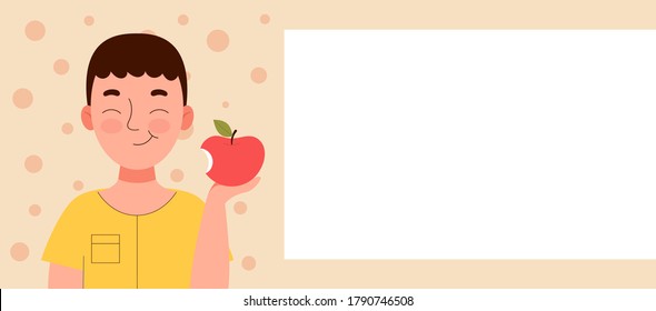 Cute smiling boy eating an apple. School snack, healthy food, fruit diet, vitamins for children. banner for web site. Spase for text,template.Flat vector cartoon stock illustration