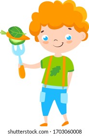 Cute smiling boy with fork and vegetables on eat. Healthy nutrition for kids. Cartoon style. Illustration