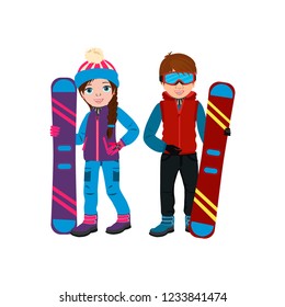 Cute smiling boy and girl in winter clothing and with snowboard. Vector illustration in cartoon style for design on Christmas holidays. 