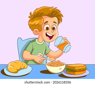 Cute smiling boy having breakfast in the kitchen, colorful character vector Illustration