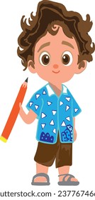Cute smiling boy holding a large pencil in his hand. Cartoon style, vector illustration. Back to school.