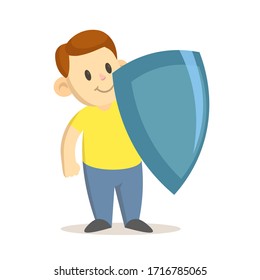 Cute smiling boy holding a shield in front of him, cartoon character. Colorful flat vector illustration, isolated on white background.