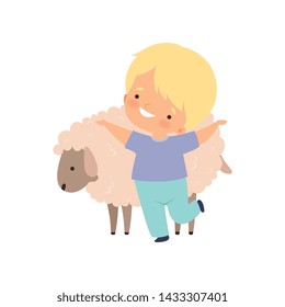 Cute Smiling Boy Hugging Sheep, Kid Interacting with Animal in Contact Zoo Cartoon Vector Illustration