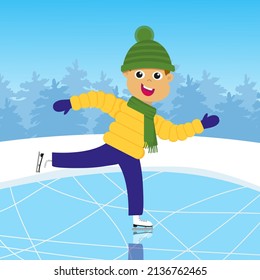 Cute smiling boy ice skating on rink. Winter scene with a forest on background. Winter activity with happy children. Funny ice skate scene. Christmas design. Flat vector illustration. 