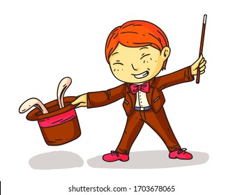 Cute smiling boy magician with magic wand showing trick with hare hiding in hat. Little child illusionist wizard standing isolated on white background. Amusing occupation for kid in circus
