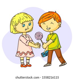 Cute smiling boy sharing sweets with happy girl. Little kids playing together. Brother giving lollipop to sister. Preschooler cartoon characters. Friendships and relationships. Vector illustration