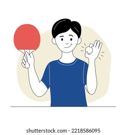 Cute smiling boy showing ball and racket for table tennis. Cheerful boy ping pong player. Healthy lifestyle, sports activity cartoon thin line vector illustration