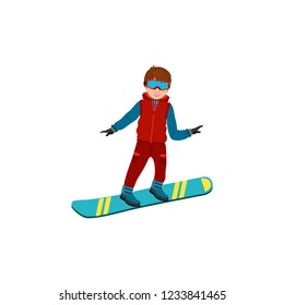 Cute smiling boy in ski suit coming down on snowboard. Winter extreme sport. Vector illustration in cartoon style for design.