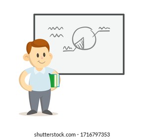 Cute smiling boy standing next to whiteboard with diagram on it. School, classroom, lesson. Colorful flat vector illustration, isolated on white background.