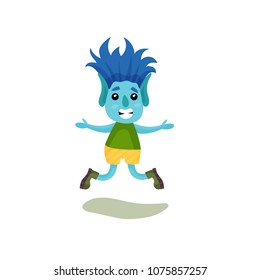 Cute smiling boy troll with blue hair and skin having fun, funny fairy tale character vector Illustrations on a white background