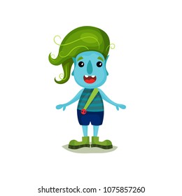 Cute smiling boy troll with green hair and blue skin, funny fairy tale character vector Illustrations on a white background