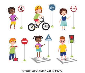 Niños y niñas con una sonrisa educada aprendiendo reglas de tránsito, educación vial, reglas. La seguridad de los niños en la ilustración del vector de tráfico