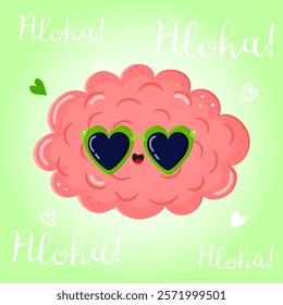 Cute smiling Brain with heart sunglasses and Aloha text on green background.