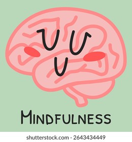 Cute smiling brain illustration with “Mindfulness” text in hand-drawn style. Perfect for mental health, self-care, and emotional wellness projects.
