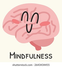 Cute smiling brain illustration with “Mindfulness” text in hand-drawn style. Perfect for mental health, self-care, and emotional wellness projects.