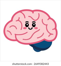 Cute smiling brain mascot in kawaii vector style. Whimsical neuroscience character perfect for mindfulness apps and positive psychology visuals.