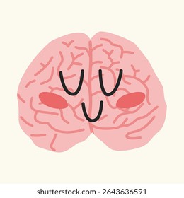 Cute smiling brain in pastel pink with cartoon expression. Ideal for mental health and emotional wellness themes. Perfect for kids’ education and self-care visuals.