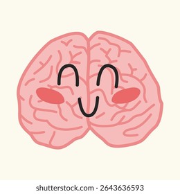 Cute smiling brain in pastel pink with cartoon expression. Ideal for mental health and emotional wellness themes. Perfect for kids’ education and self-care visuals.