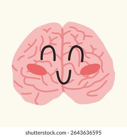 Cute smiling brain in pastel pink with cartoon expression. Ideal for mental health and emotional wellness themes. Perfect for kids’ education and self-care visuals.
