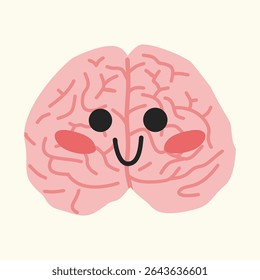 Cute smiling brain in pastel pink with cartoon expression. Ideal for mental health and emotional wellness themes. Perfect for kids’ education and self-care visuals.