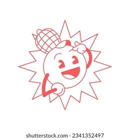 Cute smiling bright sun character in funny hat cartoon mascot retro 30s animation style line art icon vector illustration. Cheerful sunny emoticon innovation idea brainstorming gesture minimal logo